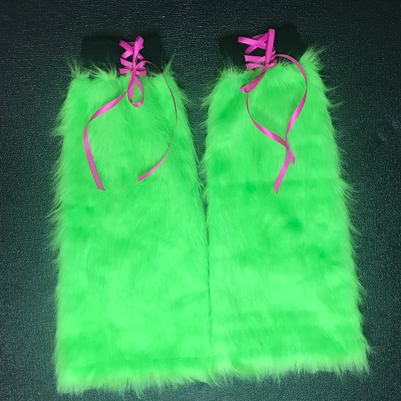 Neon Green Fur Leg Warmers Flared Boot Covers Corset Legwarmers Monster Costume - Picture 5 of 8